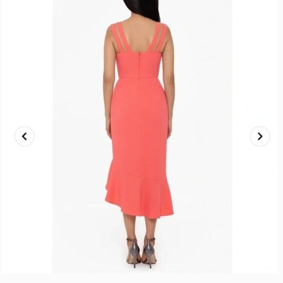XSCAPE WOMENS 14 Double Strap Crepe Dress Coral HI LOW SLEEVELESS RUFFLE NWT NEW - Picture 2 of 11